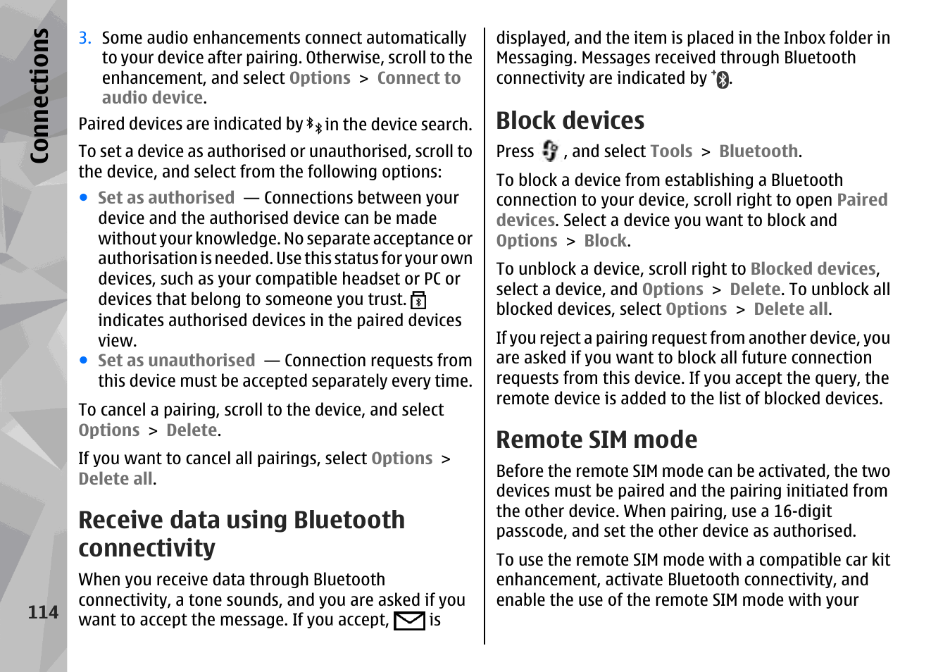 Receive data using bluetooth connectivity, Block devices, Remote sim mode | Con nectio ns | Nokia N96 User Manual | Page 114 / 396