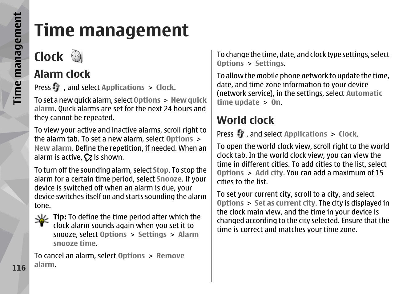 Time management, Clock, Alarm clock | World clock, Ti me ma nag eme nt | Nokia N96 User Manual | Page 116 / 396