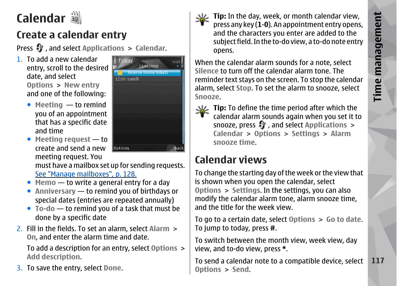 Calendar, Create a calendar entry, Calendar views | Ti me ma nag eme nt | Nokia N96 User Manual | Page 117 / 396