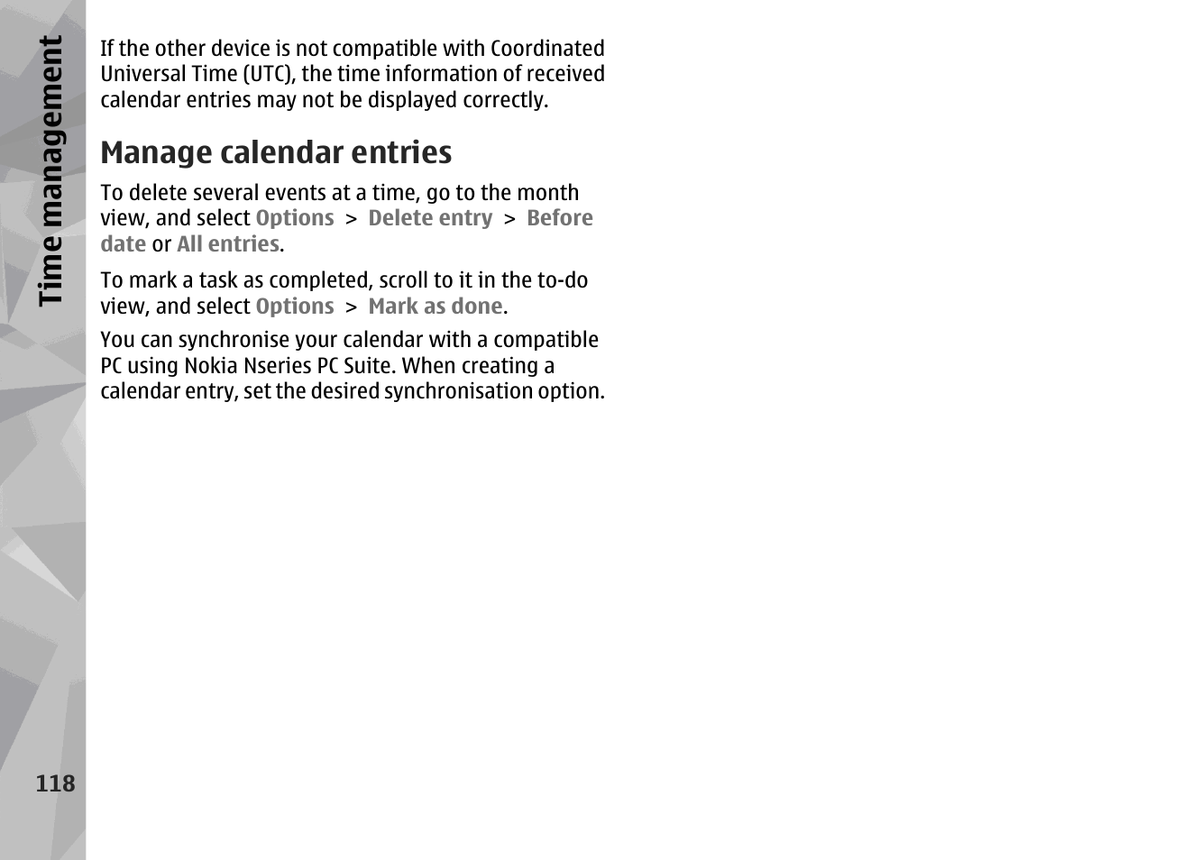 Manage calendar entries, Ti me ma nag eme nt | Nokia N96 User Manual | Page 118 / 396