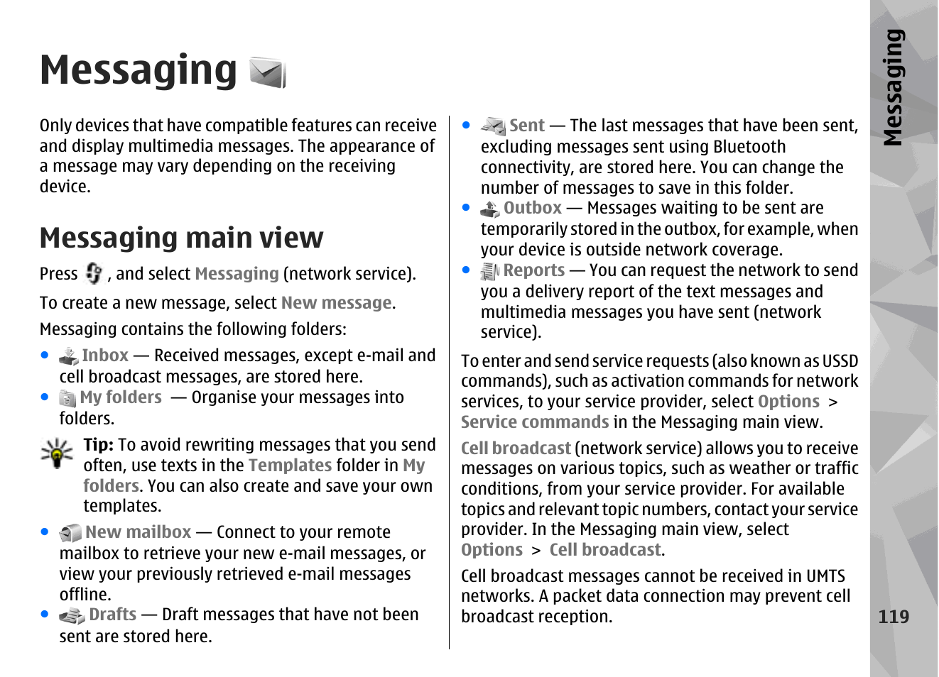 Messaging, Messaging main view | Nokia N96 User Manual | Page 119 / 396