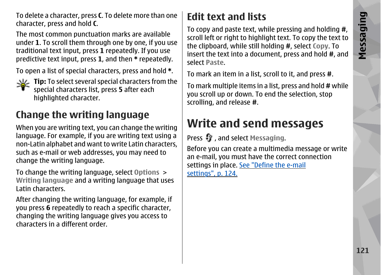 Change the writing language, Edit text and lists, Write and send messages | See "write and send messages", p. 121, Messaging | Nokia N96 User Manual | Page 121 / 396