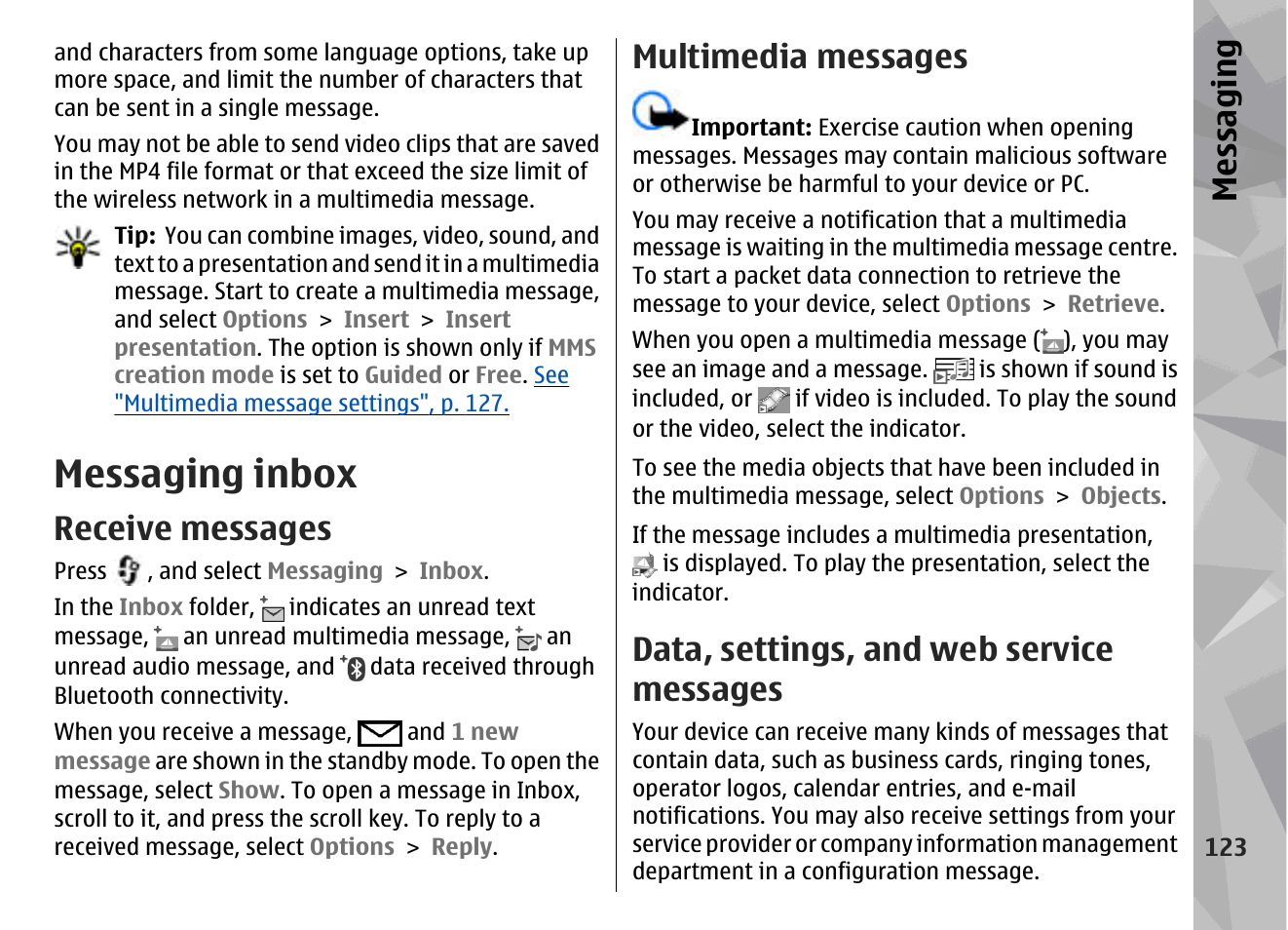 Messaging inbox, Receive messages, Multimedia messages | Data, settings, and web service messages, Messaging | Nokia N96 User Manual | Page 123 / 396