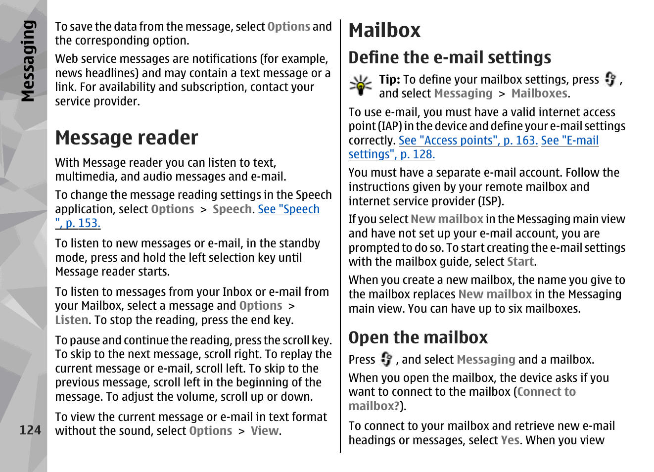 Message reader, Mailbox, Define the e-mail settings | Open the mailbox, Messaging | Nokia N96 User Manual | Page 124 / 396