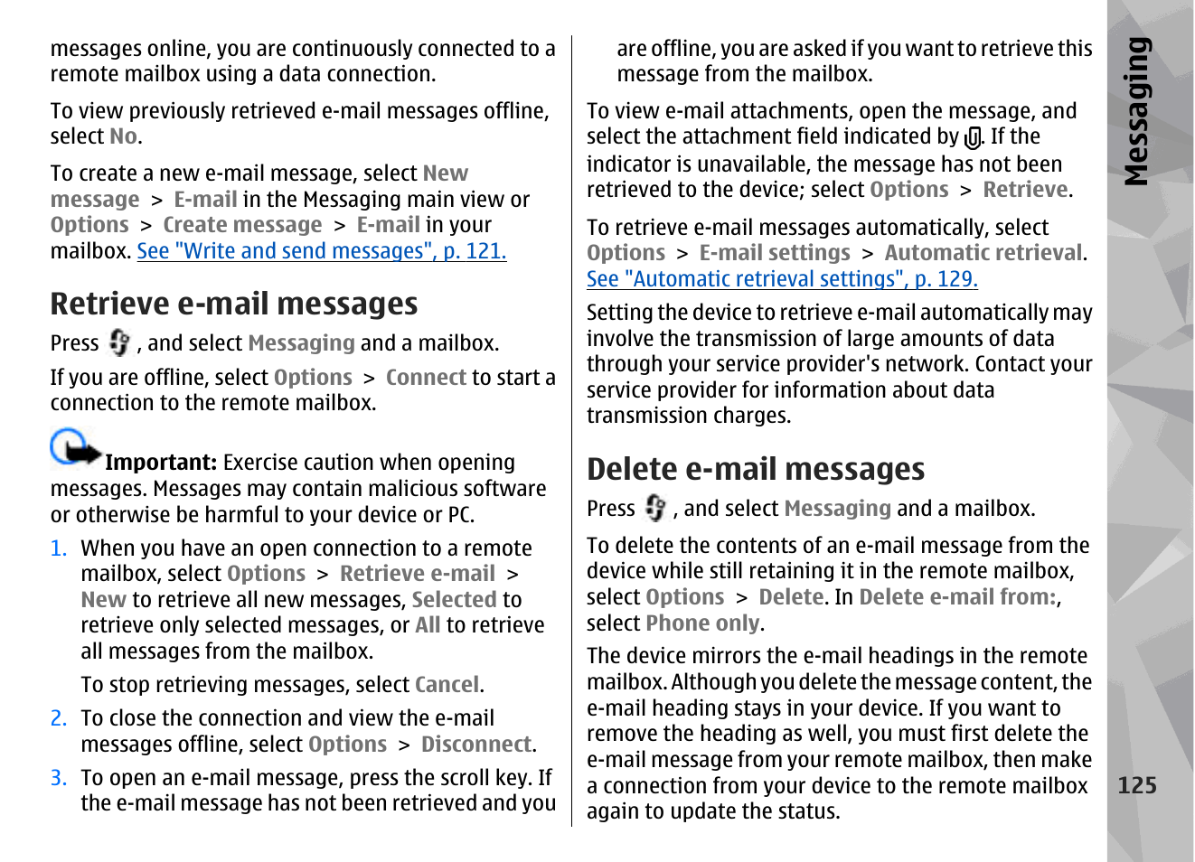 Retrieve e-mail messages, Delete e-mail messages, Messaging | Nokia N96 User Manual | Page 125 / 396