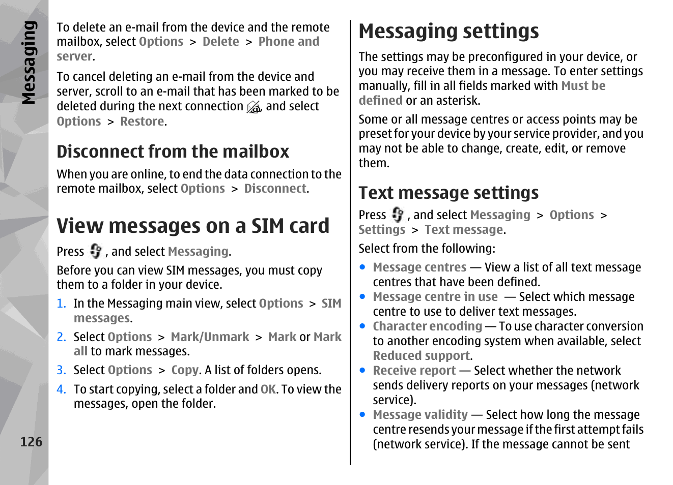 Disconnect from the mailbox, View messages on a sim card, Messaging settings | Text message settings, Messaging | Nokia N96 User Manual | Page 126 / 396