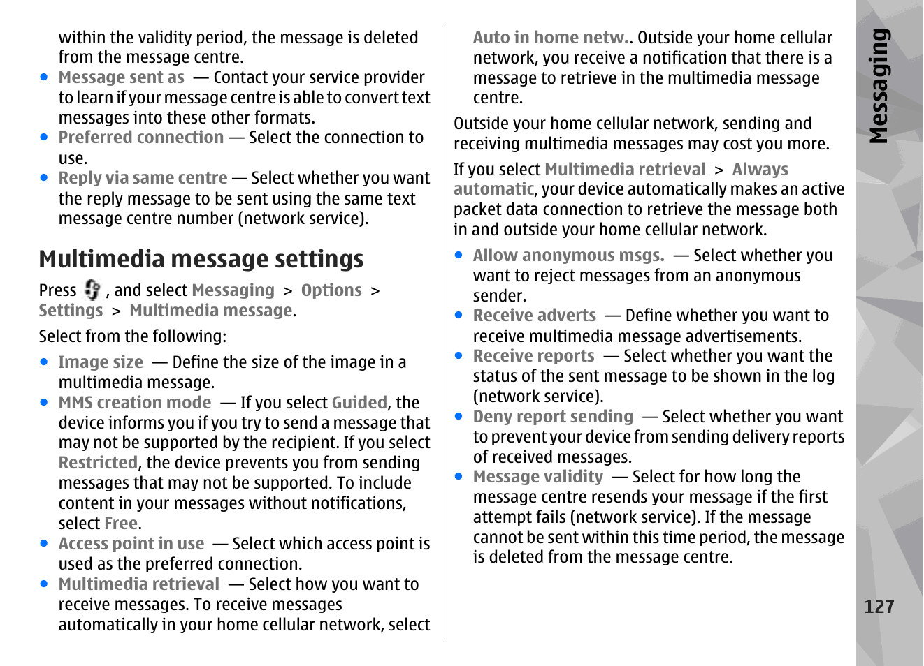 Multimedia message settings, Messaging | Nokia N96 User Manual | Page 127 / 396