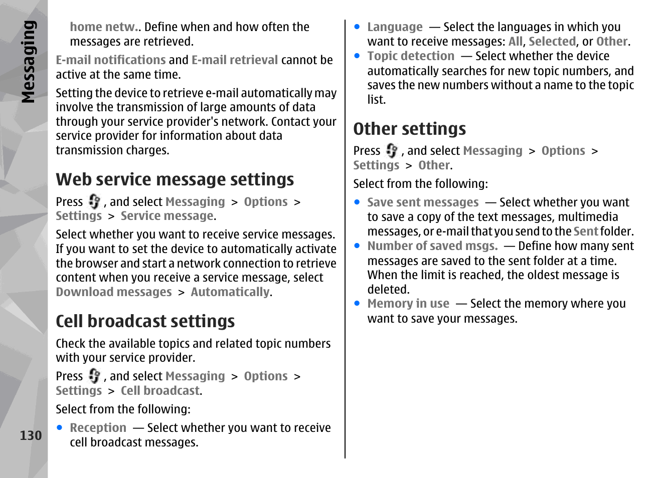 Web service message settings, Cell broadcast settings, Other settings | Messaging | Nokia N96 User Manual | Page 130 / 396