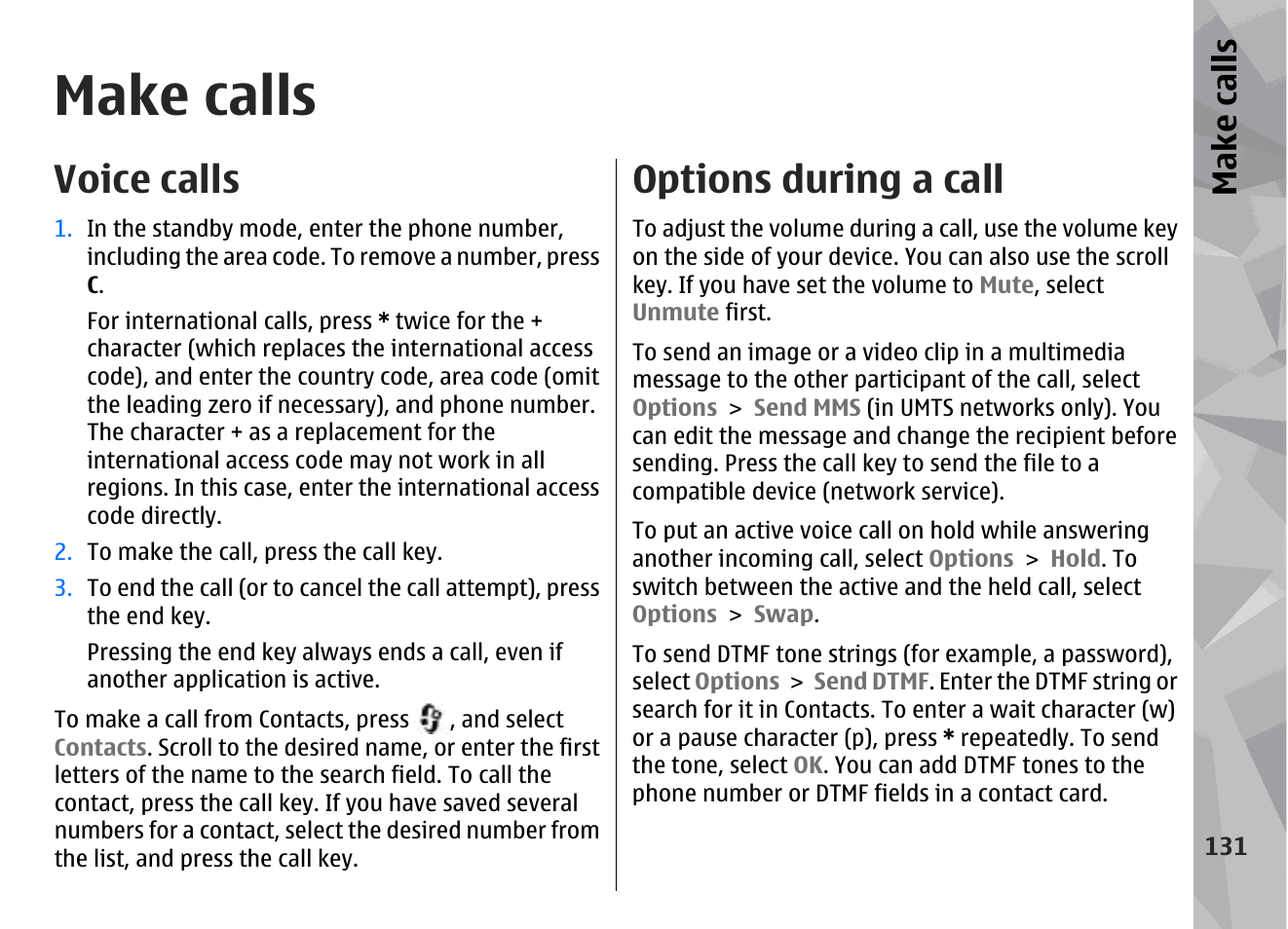 Make calls, Voice calls, Options during a call | Make call s | Nokia N96 User Manual | Page 131 / 396