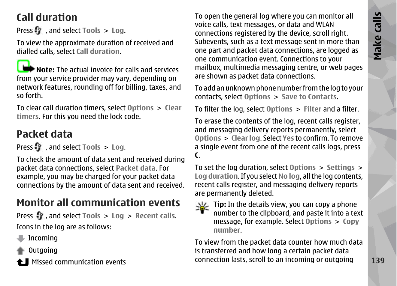Call duration, Packet data, Monitor all communication events | Make call s | Nokia N96 User Manual | Page 139 / 396