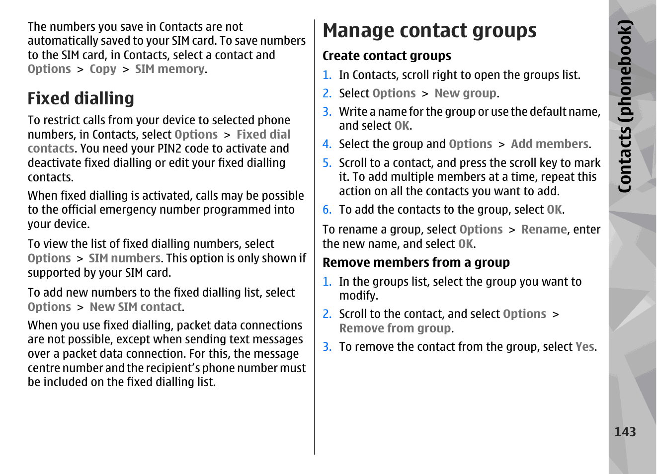 Fixed dialling, Manage contact groups, Contacts (phone boo k) | Nokia N96 User Manual | Page 143 / 396