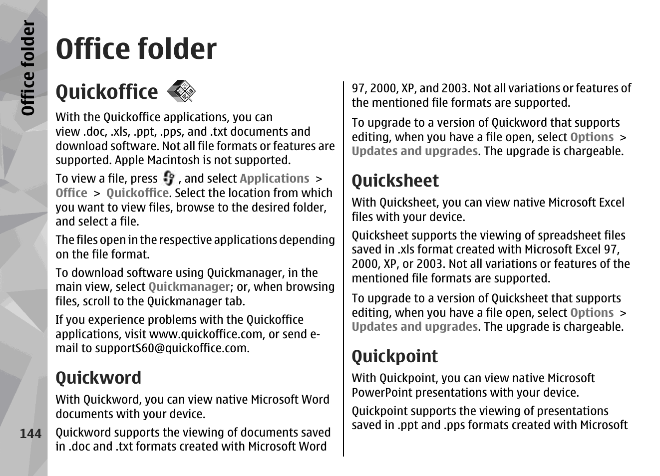 Office folder, Quickoffice, Quickword | Quicksheet, Quickpoint | Nokia N96 User Manual | Page 144 / 396