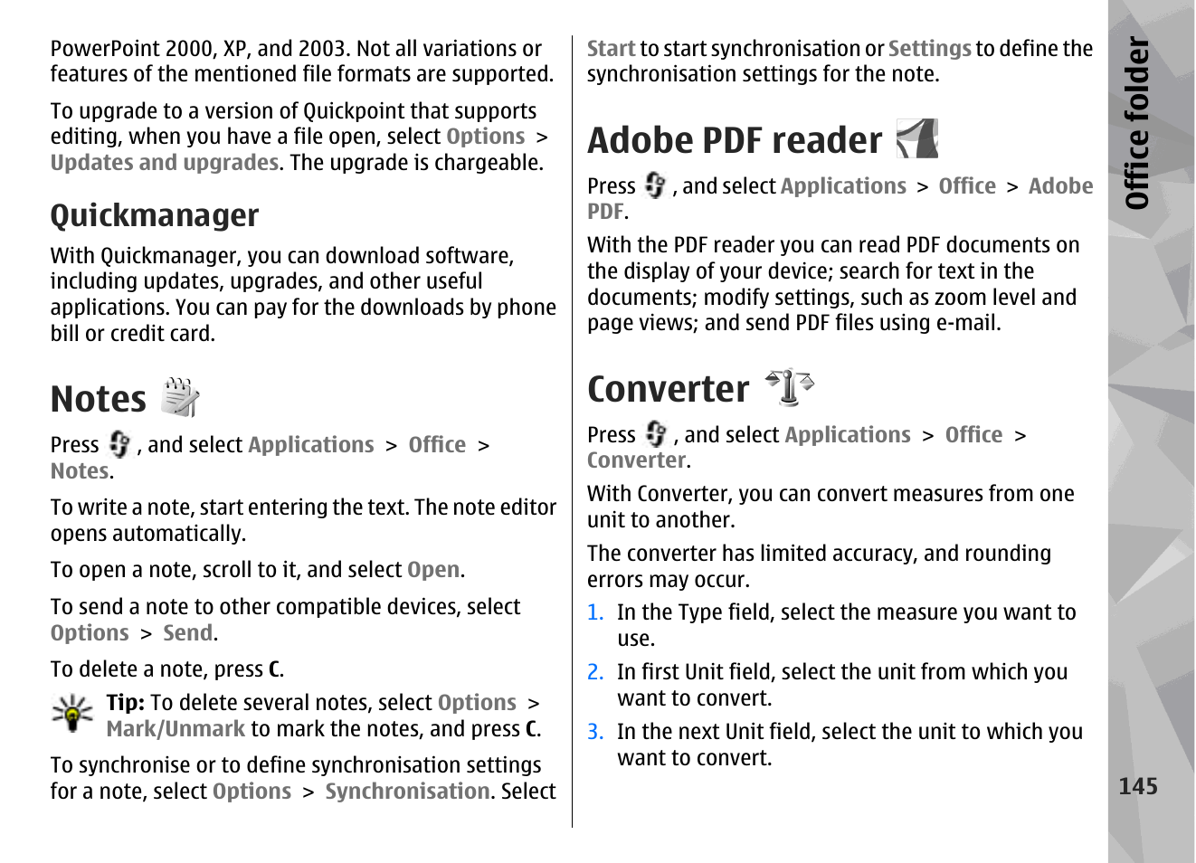 Quickmanager, Notes, Adobe pdf reader | Converter, Office folder | Nokia N96 User Manual | Page 145 / 396