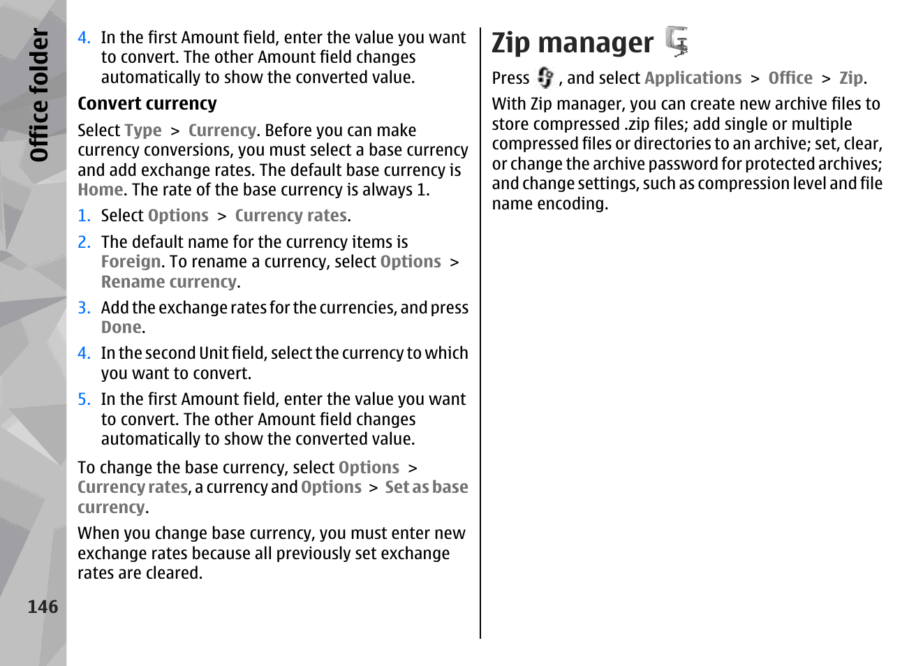 Zip manager, Office folder | Nokia N96 User Manual | Page 146 / 396