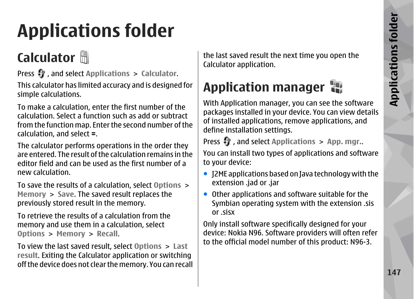 Applications folder, Calculator, Application manager | Appl icati ons fol der | Nokia N96 User Manual | Page 147 / 396
