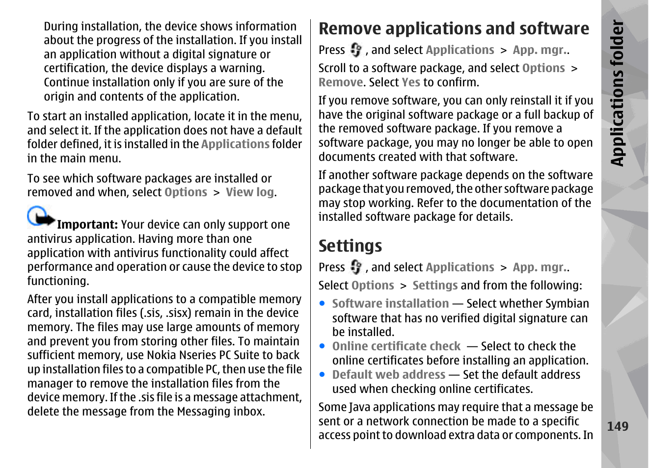 Remove applications and software, Settings, Appl icati ons fol der | Nokia N96 User Manual | Page 149 / 396