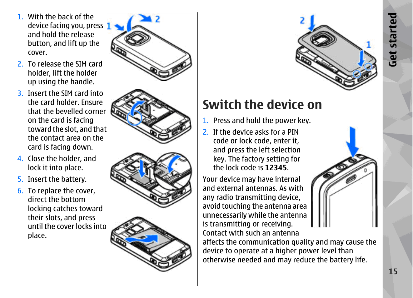 Switch the device on, Get started | Nokia N96 User Manual | Page 15 / 396