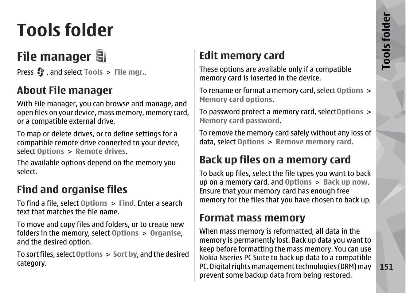 Tools folder, File manager, About file manager | Find and organise files, Edit memory card, Back up files on a memory card, Format mass memory | Nokia N96 User Manual | Page 151 / 396
