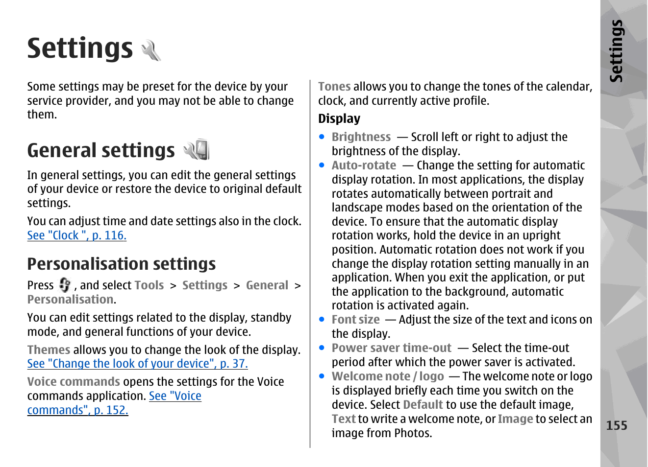 Settings, General settings, Personalisation settings | Se ttings | Nokia N96 User Manual | Page 155 / 396