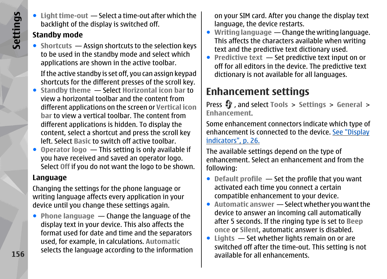 Enhancement settings, Se ttings | Nokia N96 User Manual | Page 156 / 396