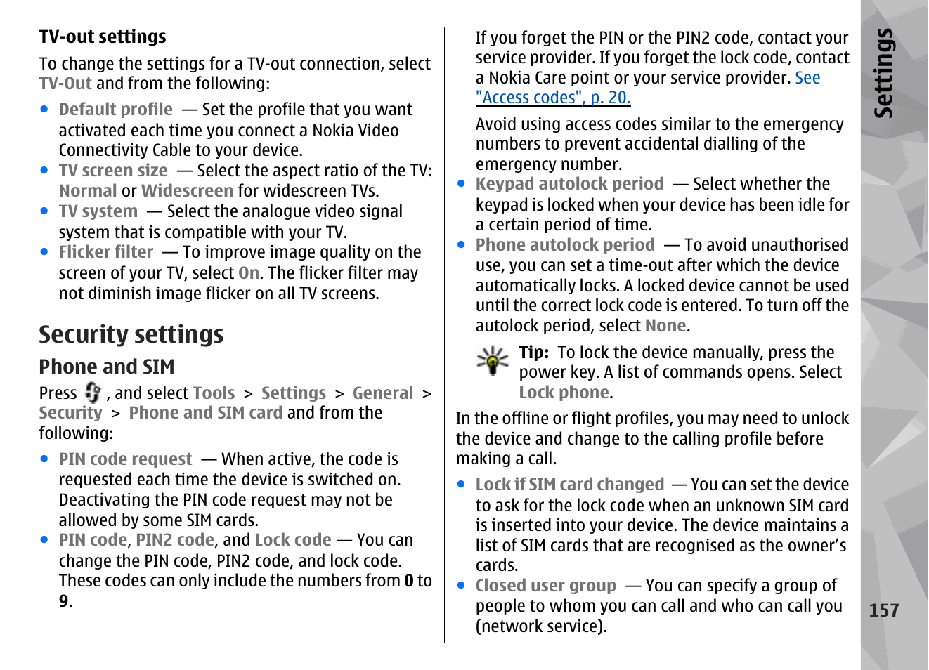 Security settings, Phone and sim, Se ttings | Nokia N96 User Manual | Page 157 / 396