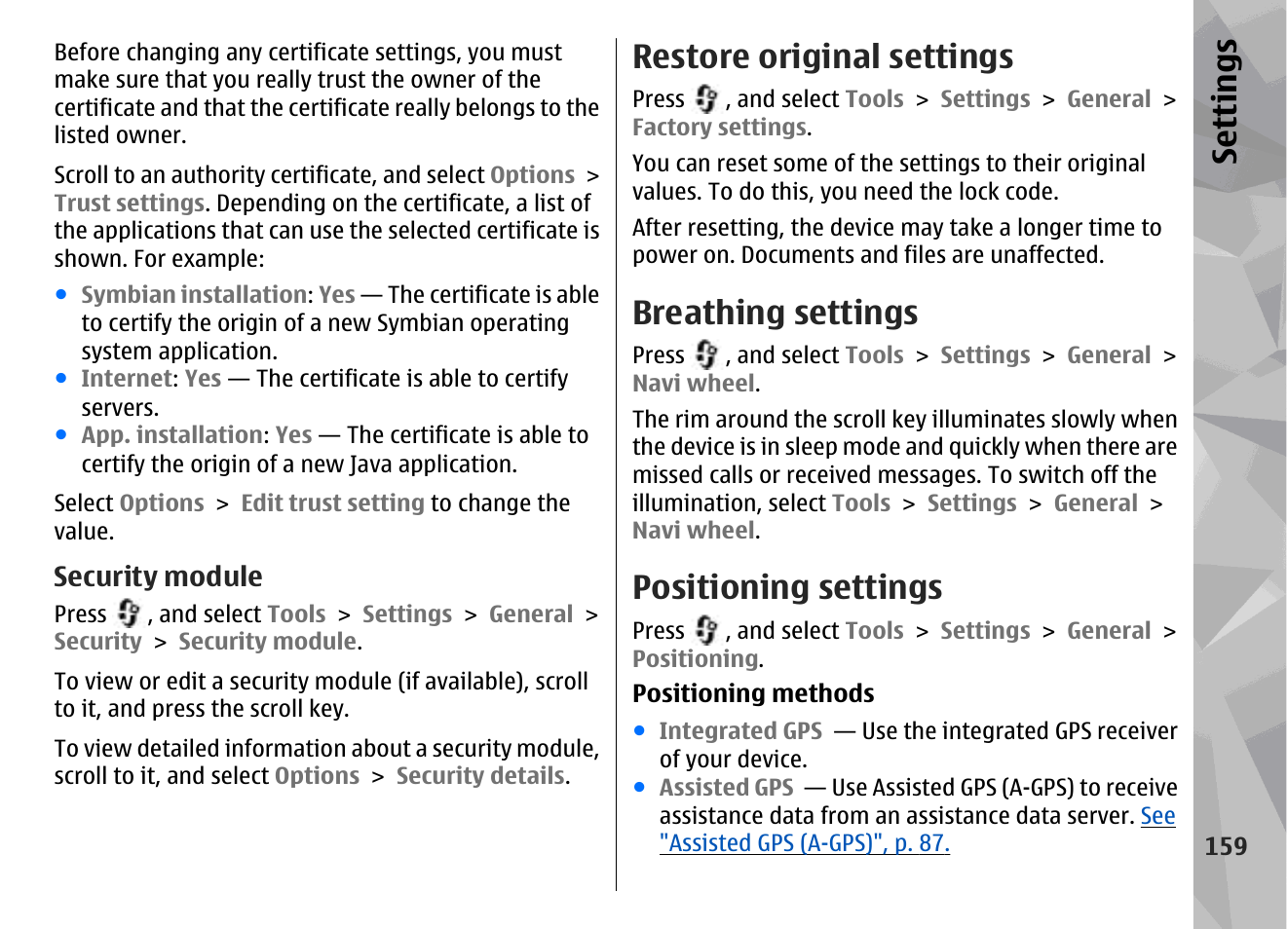 Security module, Restore original settings, Breathing settings | Positioning settings, See "positioning, Settings", p. 159, For the most, Se ttings | Nokia N96 User Manual | Page 159 / 396