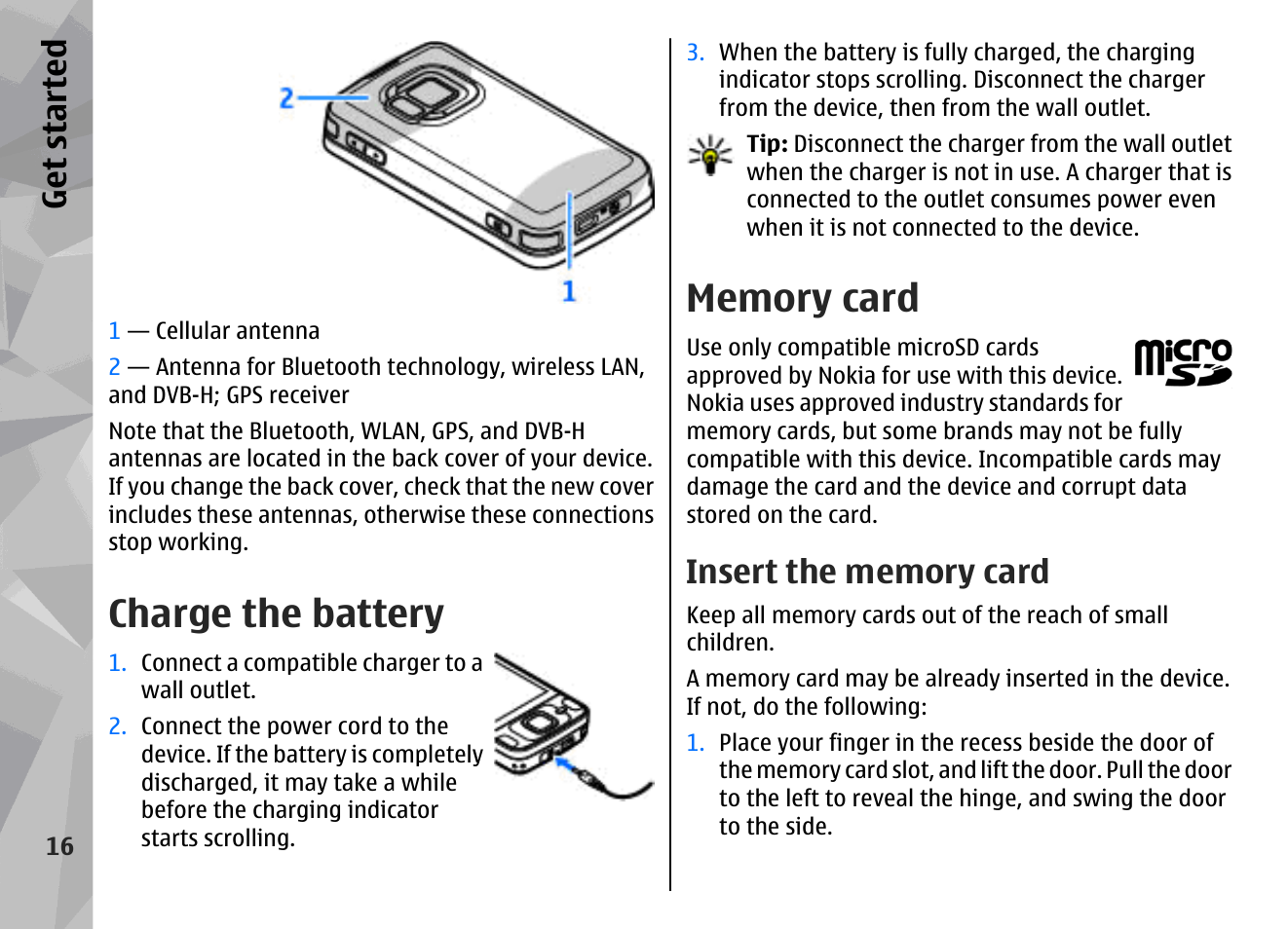 Charge the battery, Memory card, Insert the memory card | Get started | Nokia N96 User Manual | Page 16 / 396