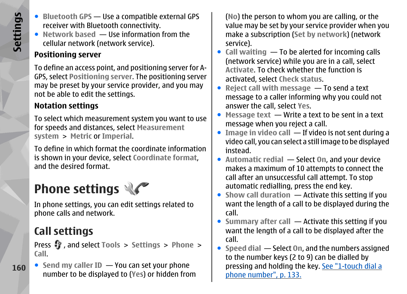 Phone settings, Call settings, Se ttings | Nokia N96 User Manual | Page 160 / 396