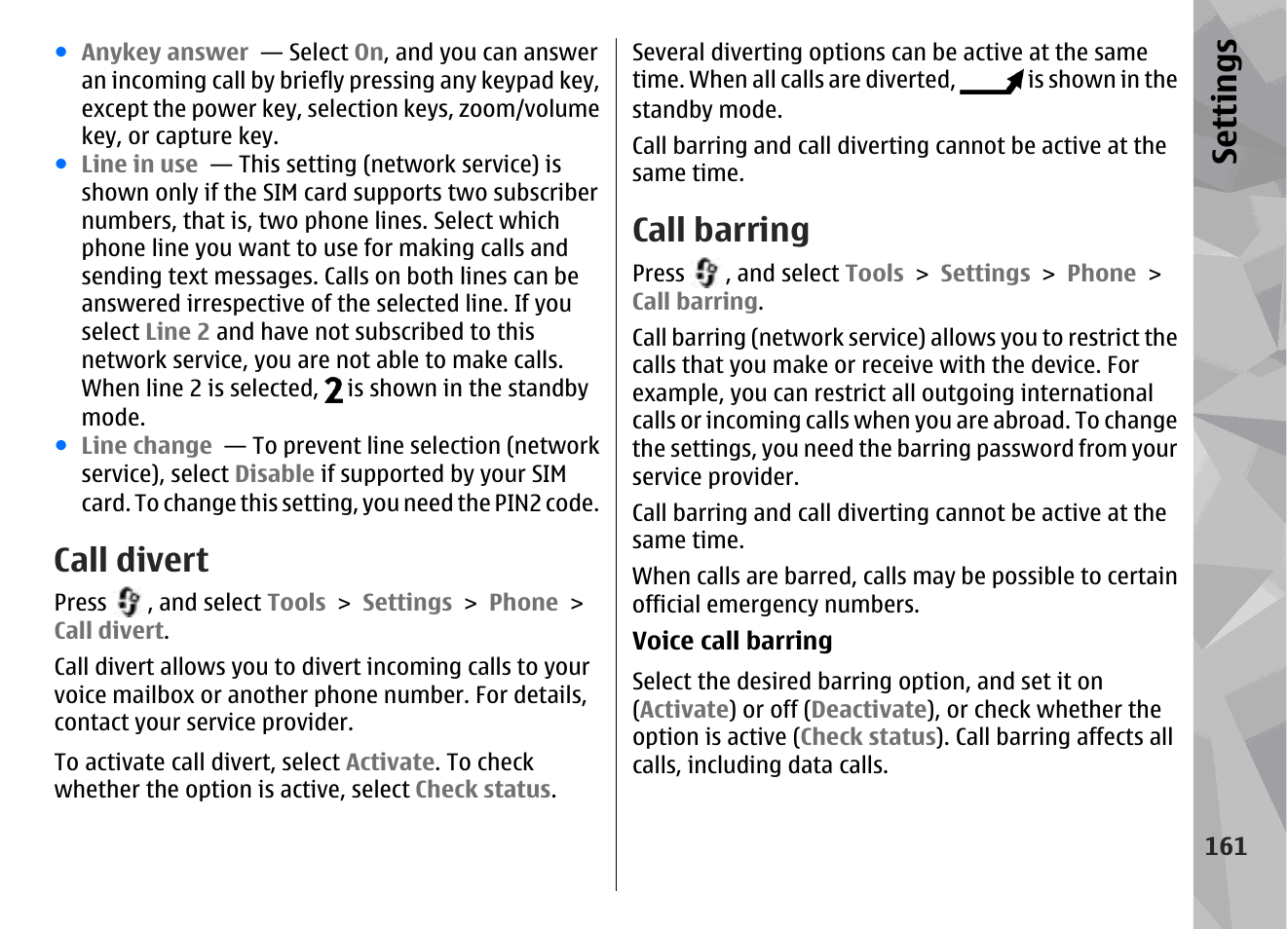 Call divert, Call barring, Se ttings | Nokia N96 User Manual | Page 161 / 396