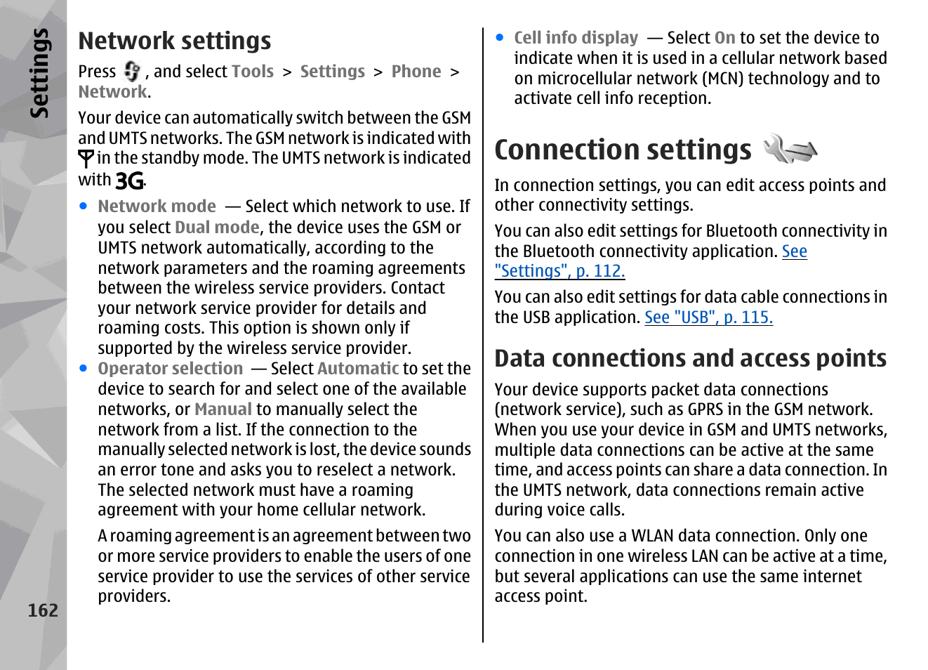 Network settings, Connection settings, Data connections and access points | Connection settings", p. 162, See "connection, Settings", p. 162, Se ttings | Nokia N96 User Manual | Page 162 / 396