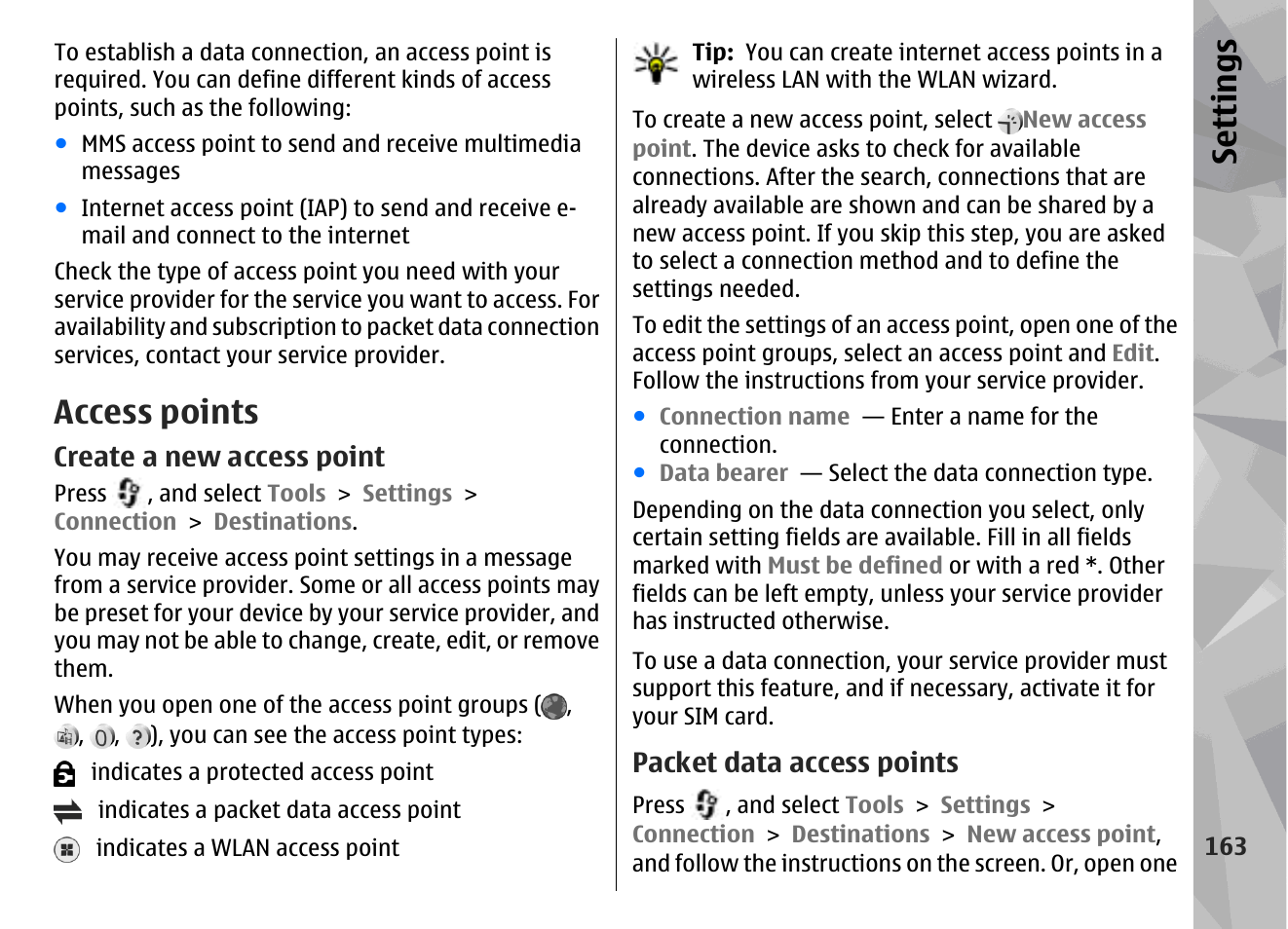 Access points, Create a new access point, Packet data access points | See "access, Points", p. 163, The wlan security, See "access points", p. 163, Se ttings | Nokia N96 User Manual | Page 163 / 396