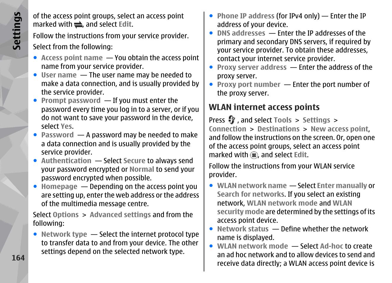 Wlan internet access points, Se ttings | Nokia N96 User Manual | Page 164 / 396