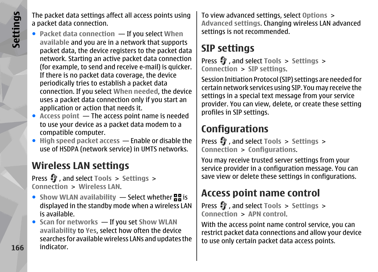 Wireless lan settings, Sip settings, Configurations | Access point name control, Se ttings | Nokia N96 User Manual | Page 166 / 396