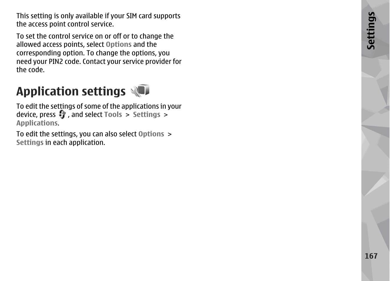 Application settings, Se ttings | Nokia N96 User Manual | Page 167 / 396