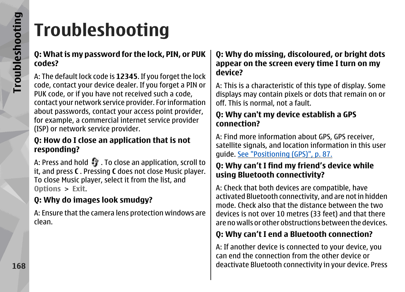 Troubleshooting, Troubl es hooti ng | Nokia N96 User Manual | Page 168 / 396