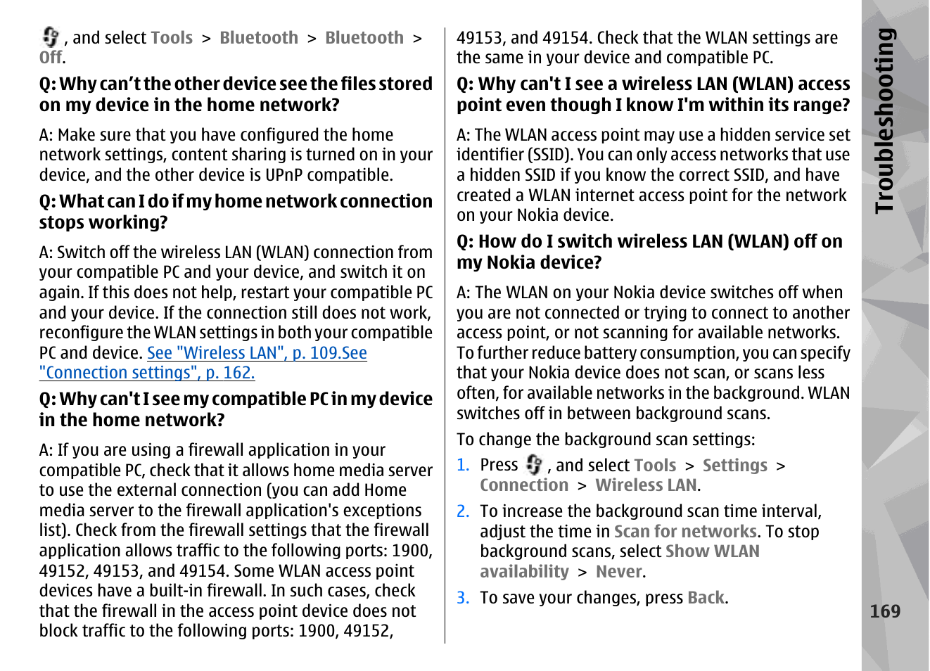Troubl es hooti ng | Nokia N96 User Manual | Page 169 / 396