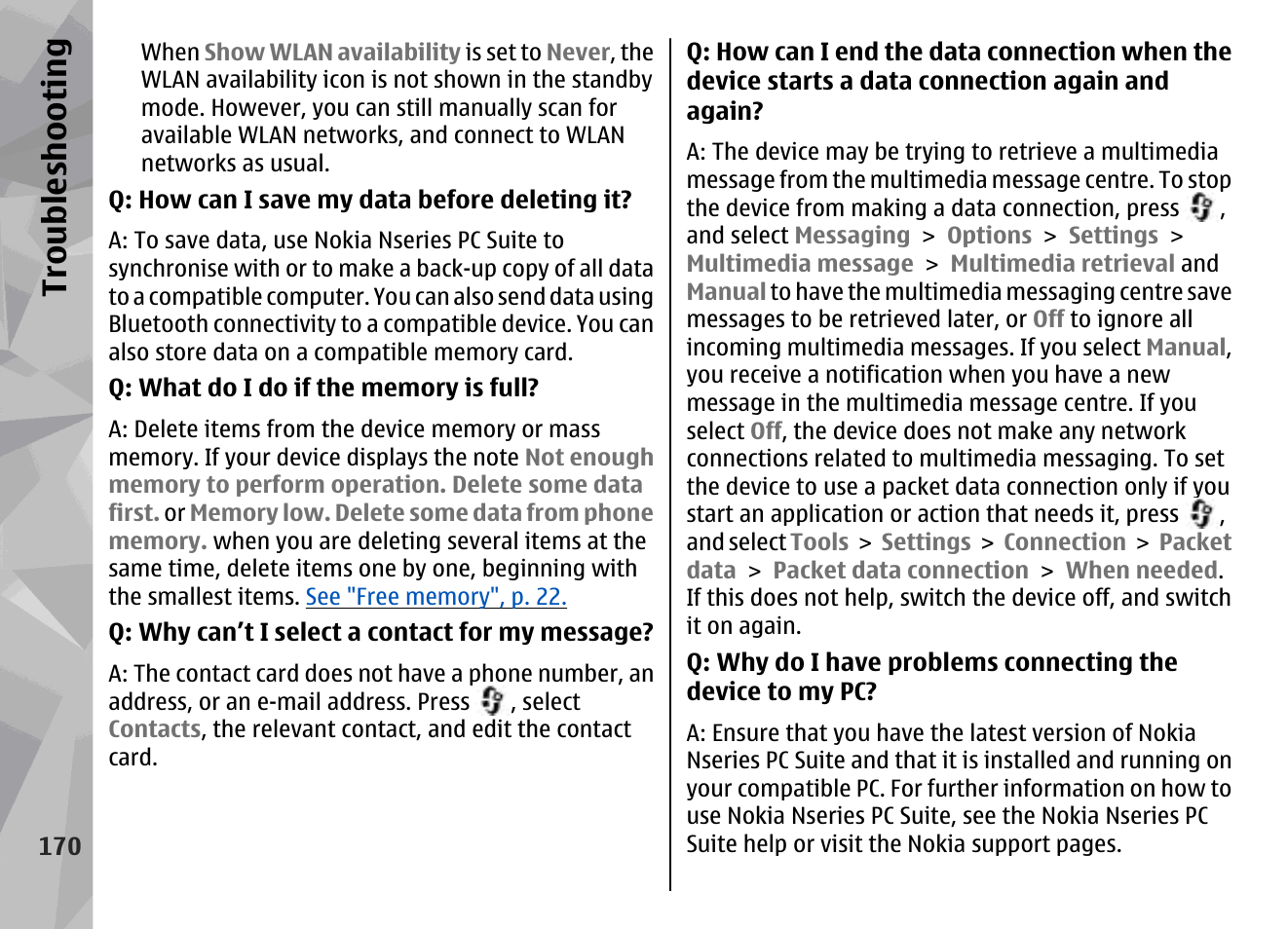Troubl es hooti ng | Nokia N96 User Manual | Page 170 / 396