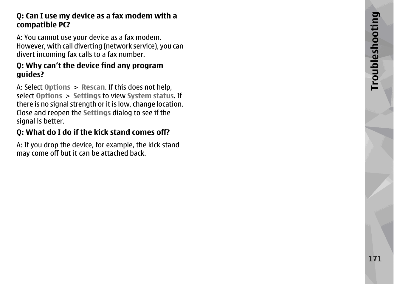 Troubl es hooti ng | Nokia N96 User Manual | Page 171 / 396