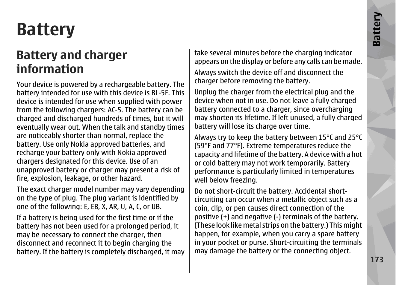 Battery, Battery and charger information, Batter y | Nokia N96 User Manual | Page 173 / 396