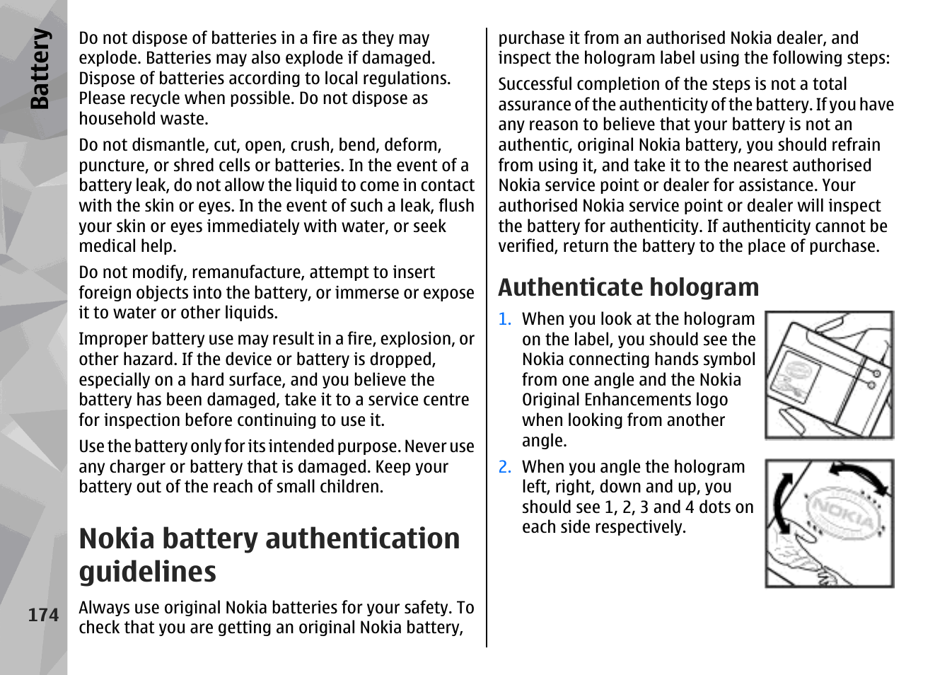 Nokia battery authentication guidelines, Authenticate hologram, Batter y | Nokia N96 User Manual | Page 174 / 396