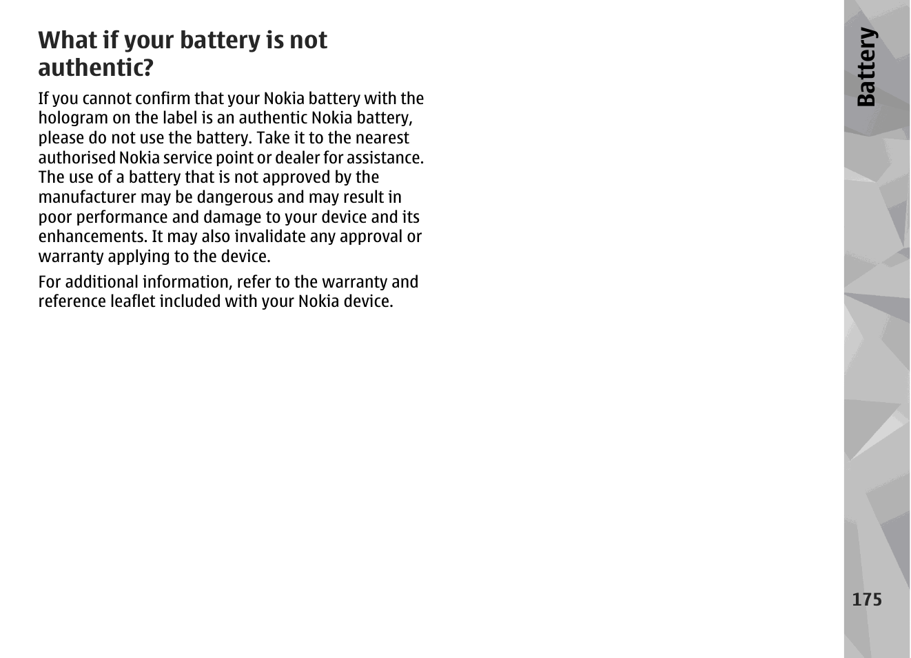 What if your battery is not authentic, Batter y | Nokia N96 User Manual | Page 175 / 396