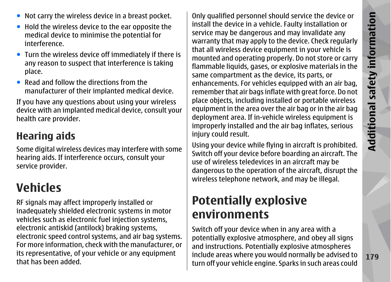 Hearing aids, Vehicles, Potentially explosive environments | Additional safety information | Nokia N96 User Manual | Page 179 / 396