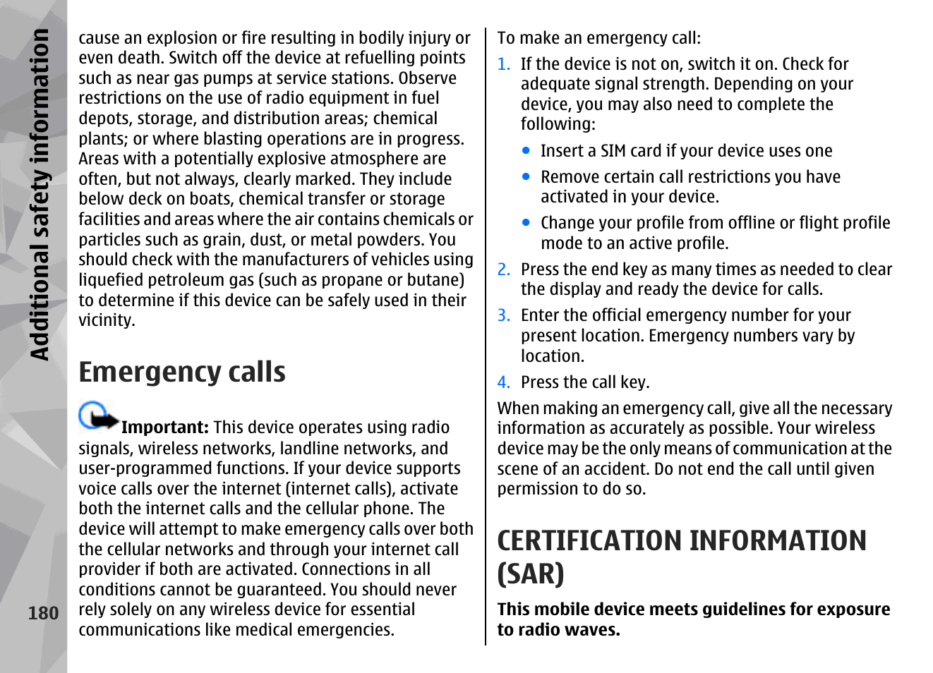 Emergency calls, Certification information (sar), Additional safety information | Nokia N96 User Manual | Page 180 / 396