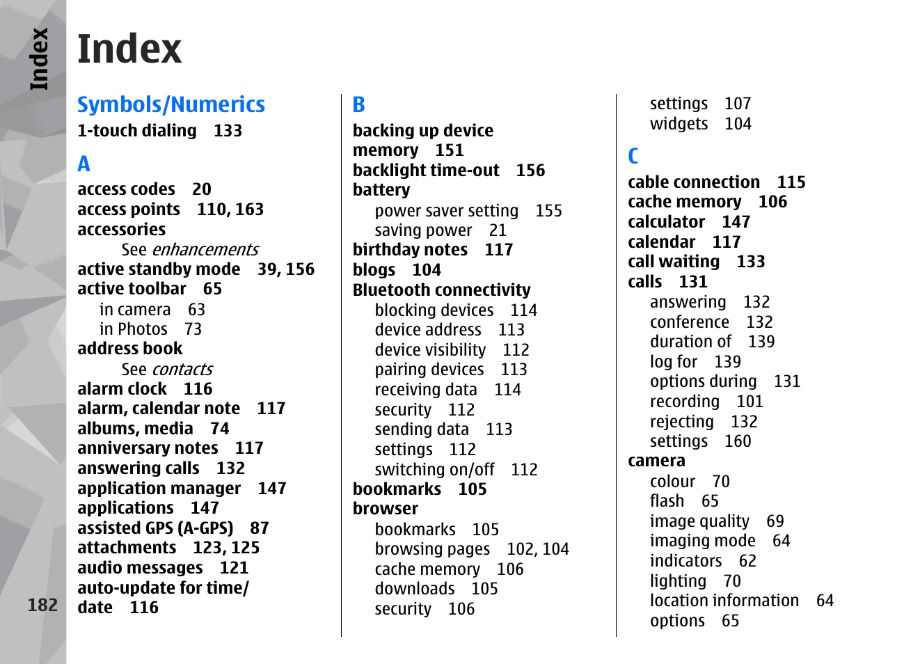 Index, Symbols/numerics | Nokia N96 User Manual | Page 182 / 396