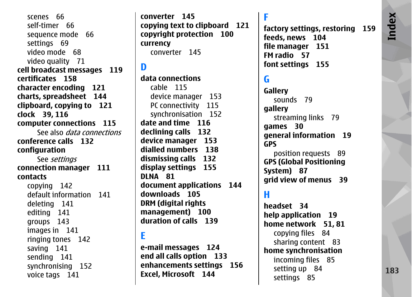Index | Nokia N96 User Manual | Page 183 / 396