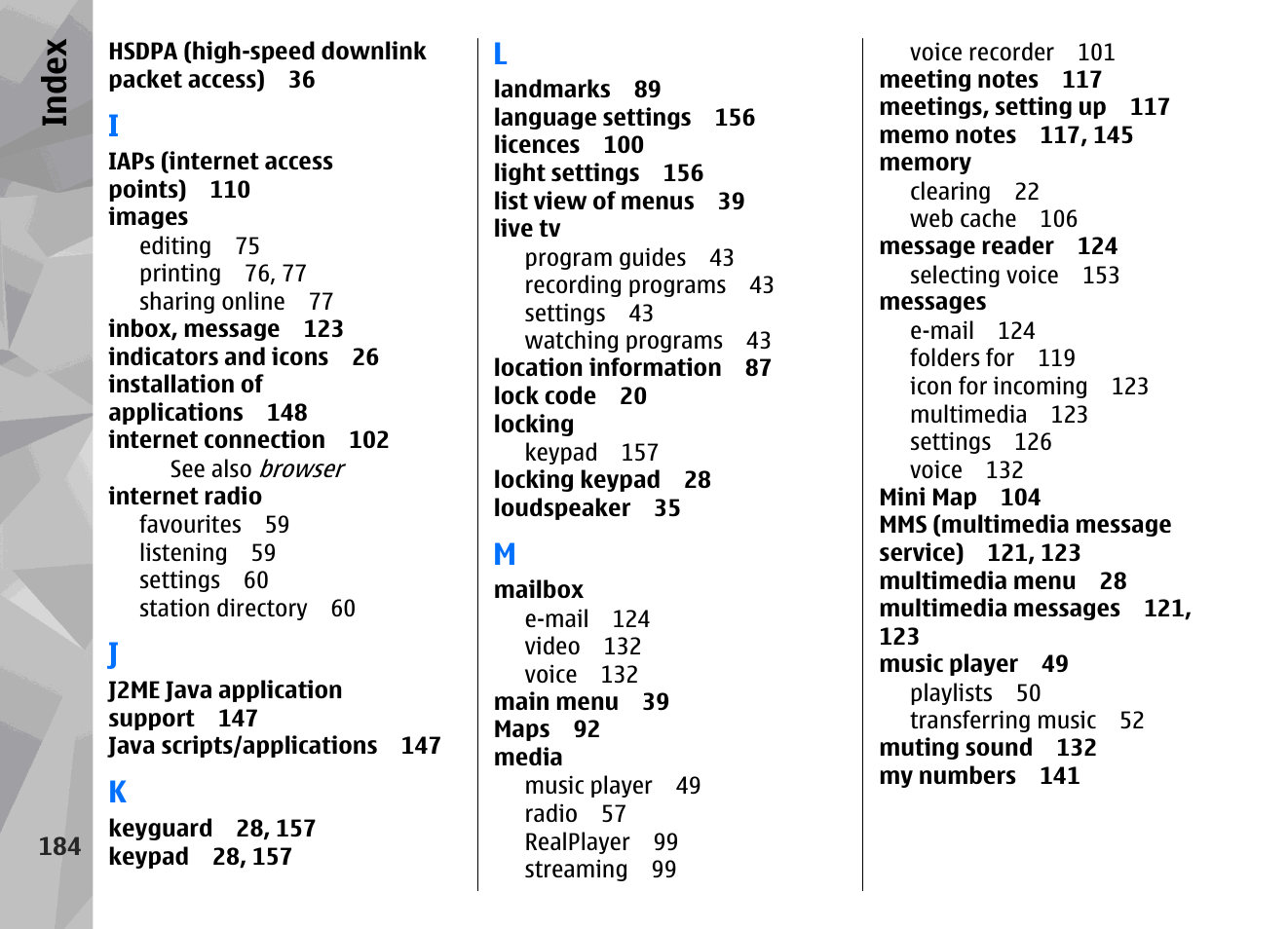 Index | Nokia N96 User Manual | Page 184 / 396