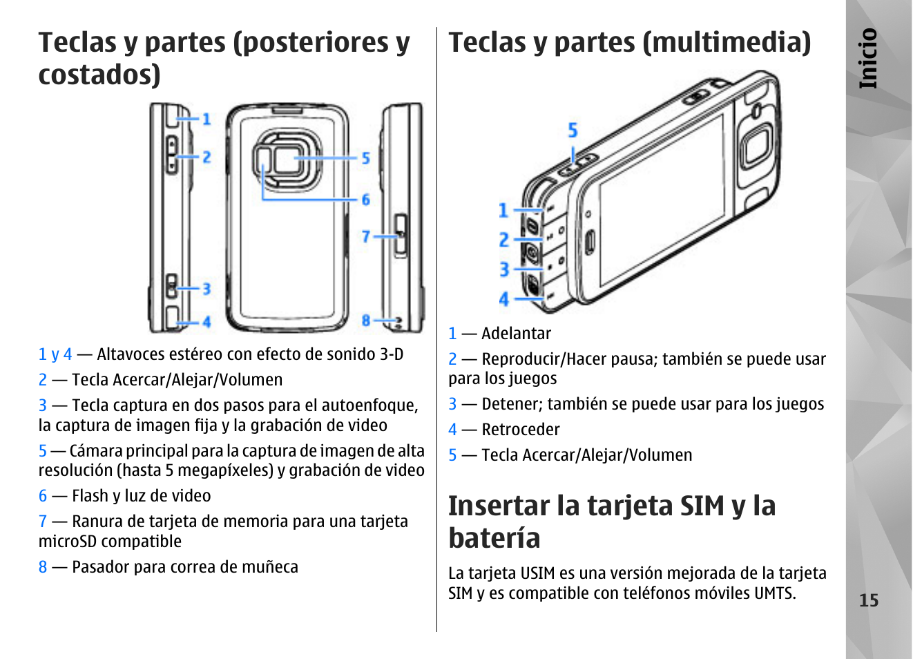 Teclas y partes (posteriores y costados), Teclas y partes (multimedia), Insertar la tarjeta sim y la batería | Inicio | Nokia N96 User Manual | Page 202 / 396