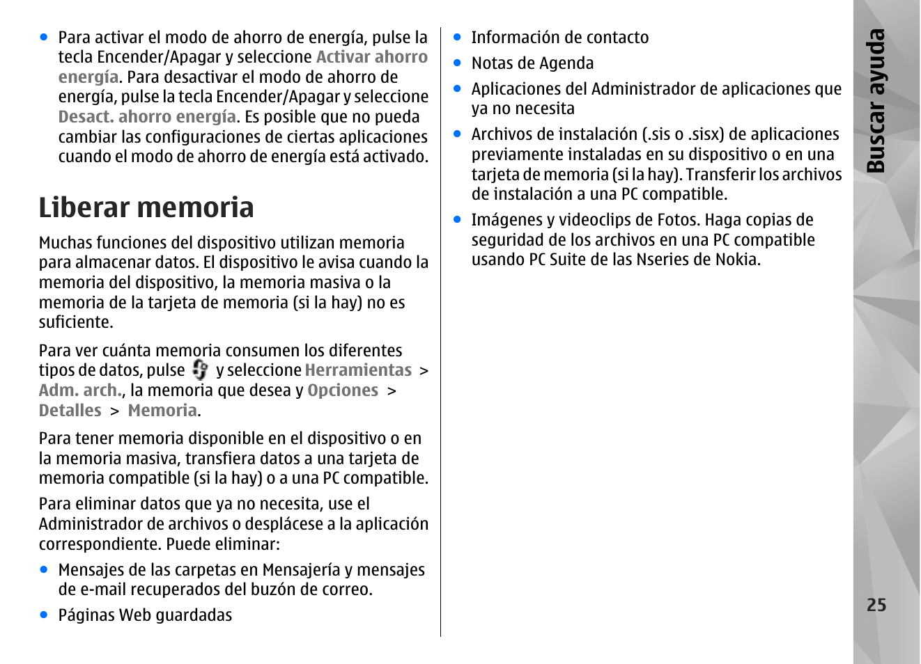 Liberar memoria, Bu sc ar ay ud a | Nokia N96 User Manual | Page 212 / 396