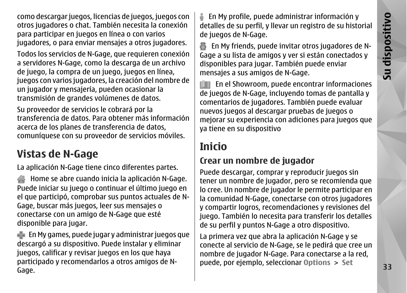 Vistas de n-gage, Inicio, Crear un nombre de jugador | Su dis pos itivo | Nokia N96 User Manual | Page 220 / 396