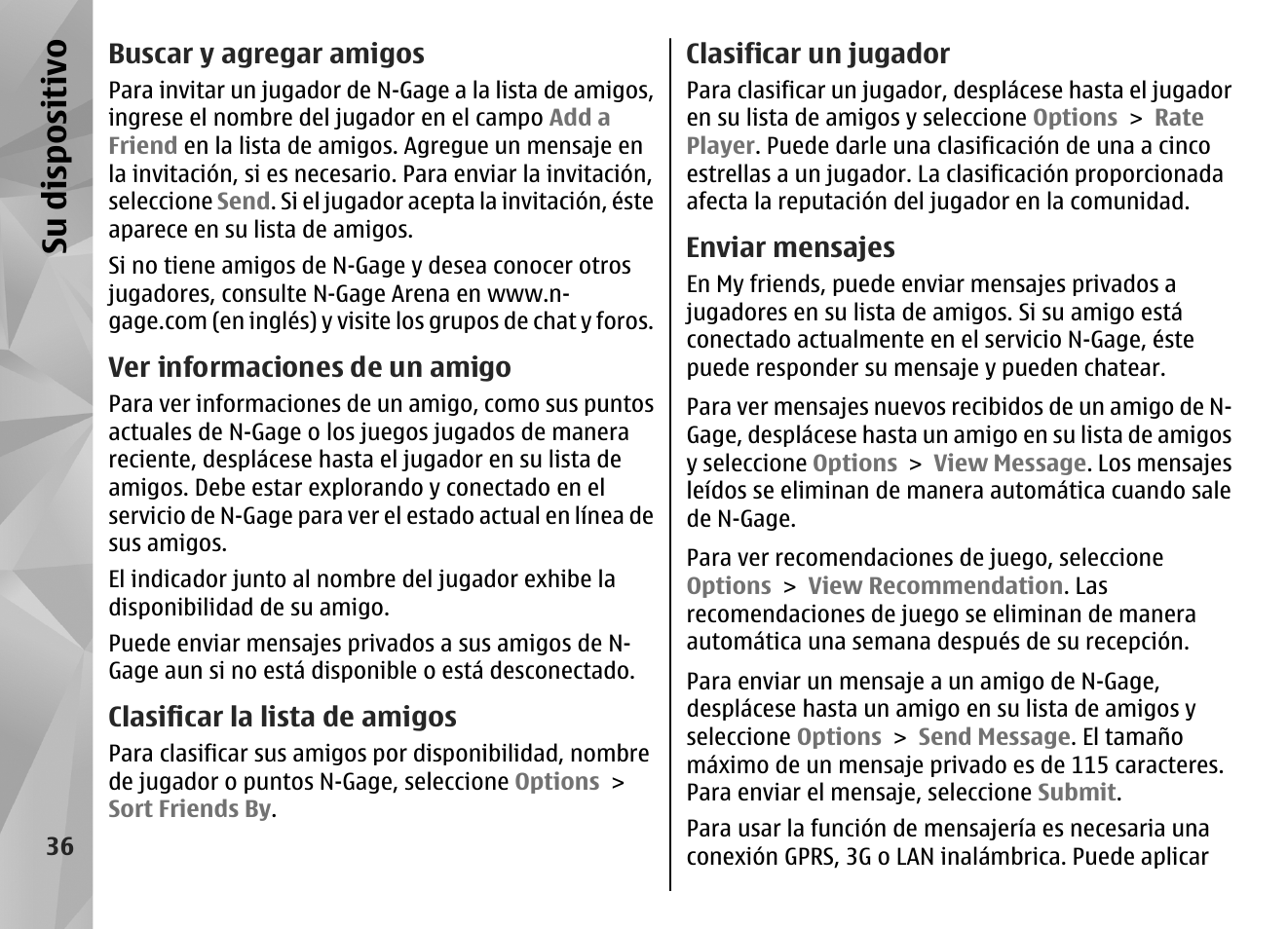 Buscar y agregar amigos, Ver informaciones de un amigo, Clasificar la lista de amigos | Clasificar un jugador, Enviar mensajes, Su dis pos itivo | Nokia N96 User Manual | Page 223 / 396